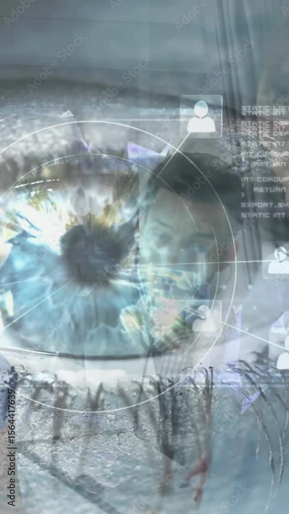 Poster animation of eye and data processing with globe over diverse doctors