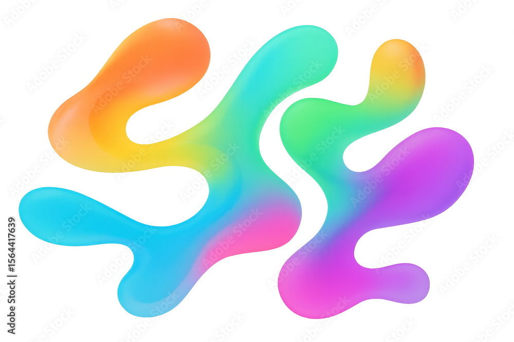 Poster fluid multicolored forms merging dynamically, transitioning with organic movement across transparent