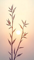 Obraz premium Artistic silhouette illustration of bamboo stalks and leaves against a soft sunset gradient background, evoking tranquility and harmony in nature.