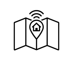 Outline icon of smart home map with location pin and Wi-Fi – connected house layout