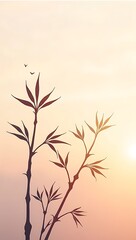 Obraz premium Artistic silhouette illustration of bamboo stalks and leaves against a soft sunset gradient background, evoking tranquility and harmony in nature.