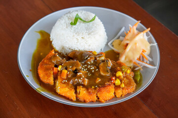 Chicken Katsu Curry, Indonesia, captured on July 4, 2025. Crispy breaded chicken served with Japanese-style curry sauce and rice for a savory and comforting meal.
