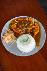Chicken Katsu Curry, Indonesia, captured on July 4, 2025. Crispy breaded chicken served with Japanese-style curry sauce and rice for a savory and comforting meal.