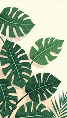 Flat-lay digital illustration of monstera plant leaves with bold green textures over soft white gradient background. Fresh and stylish tropical nature theme.

