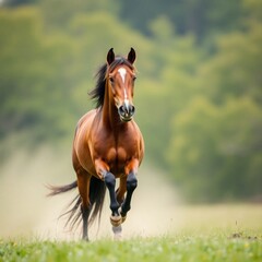 Obraz premium Majestic Chestnut Horse in Full Gallop, Lush Green Meadow Background