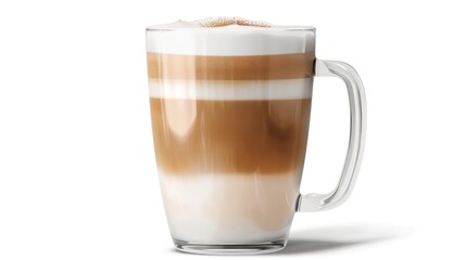 A glass mug with a beautifully layered latte sits in isolation on a pristine white background, creating a simple yet alluring coffee - themed scene that highlights the rich colors and creamy texture 