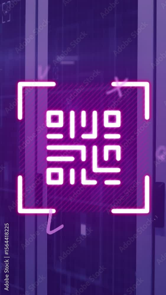 Poster animation of qr code and letters over computer servers in background