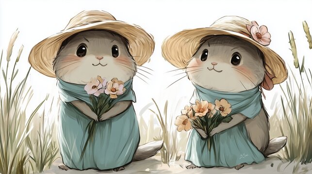 Two cute mice in dresses and hats holding flowers.