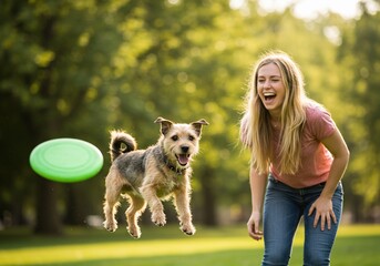 A joyful moment of a person playing with their dog in a park, candid action, bright and warm tones, natural setting
