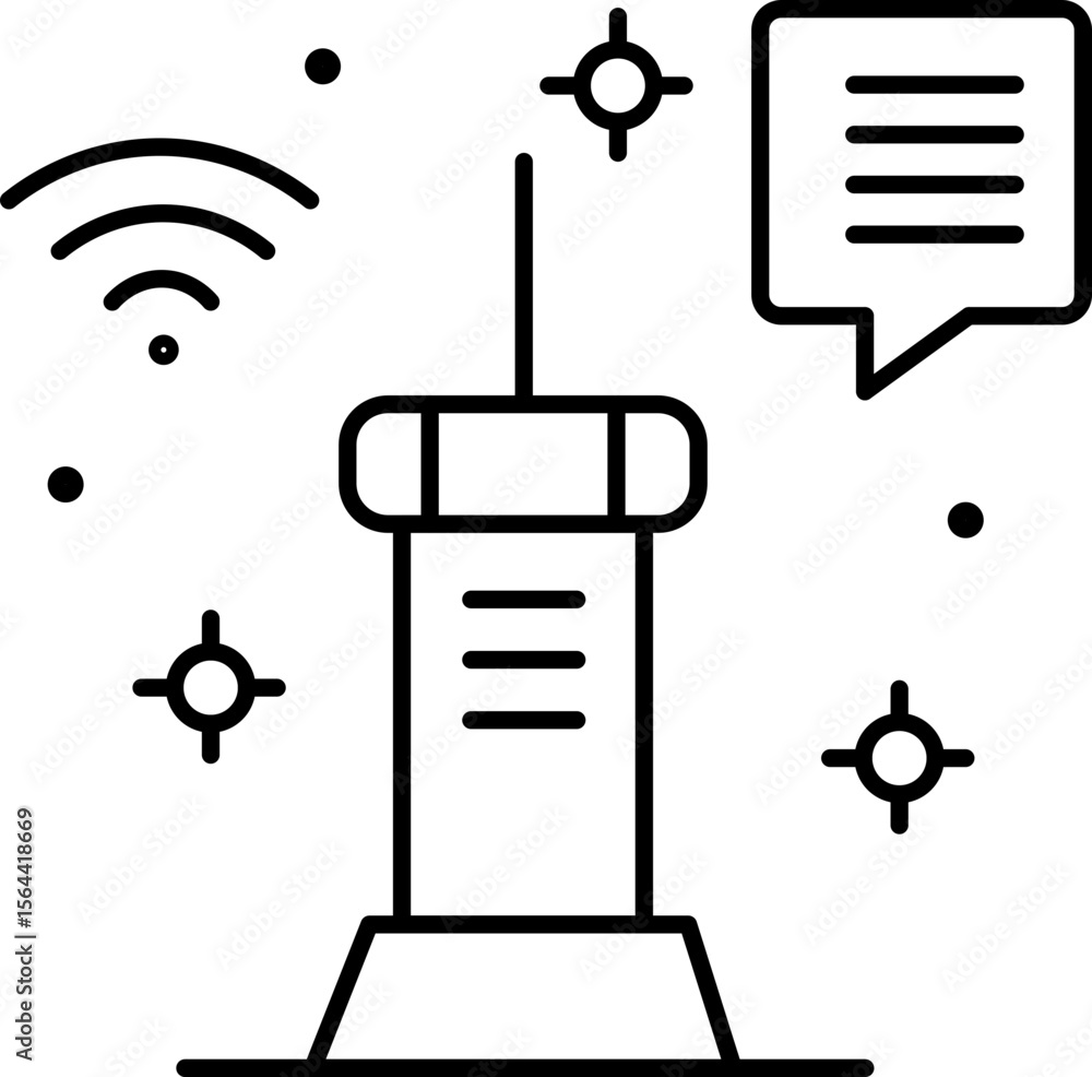 Poster communication tower wireless signal speech bubble and abstract stars create modern minimal black and