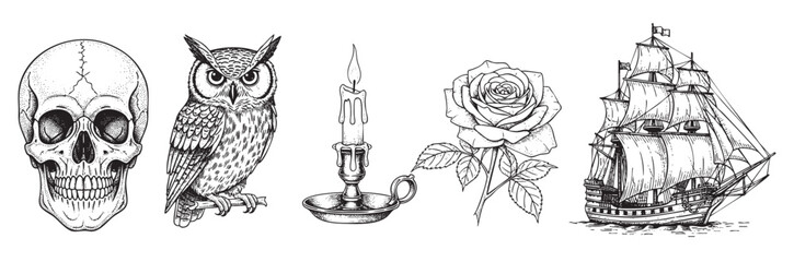 pirate ship, candle, owl, skull graphic element engraving vector illustration