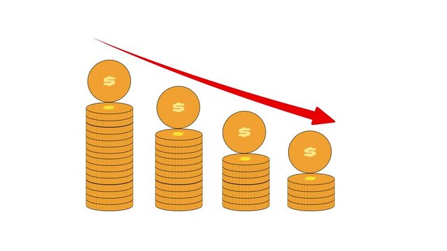 US Dollar Price Drop Animation, Falling Currency Chart, Stock Market Decline, Inflation Rate Downtrend, Financial Statistics Graph, 4K White Screen