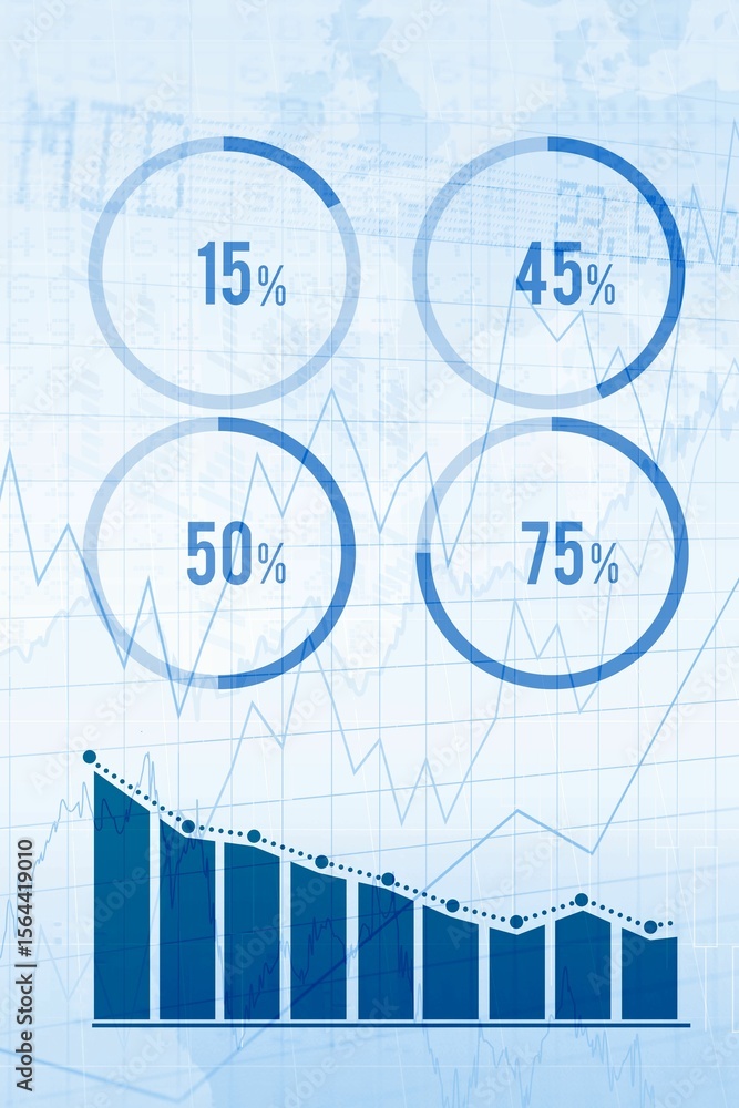 Poster flat design dashboard is showing four blue circular gauges above bar chart with dotted trend line