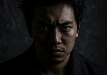 A dramatic portrait of a person with intense expression, dark shadowy tones, cinematic lighting, high emotional depth