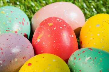 Decorated Easter eggs in garden