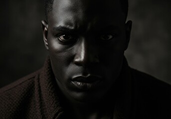 A dramatic portrait of a person with intense expression, dark shadowy tones, cinematic lighting, high emotional depth