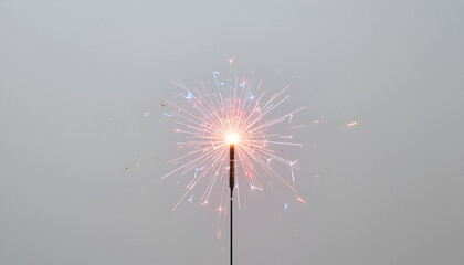 A festive sparkler with vibrant red and blue sparks radiates against a soft grey background, ideal for celebrations.