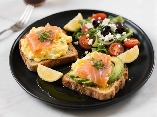 Two scrambled eggs, smoked salmon, sourdough avocado toast and side salad with tomato, olives and lots of feta topped with fresh herbs, lemon juice and olive oil
