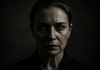 A dramatic portrait of a person with intense expression, dark shadowy tones, cinematic lighting, high emotional depth