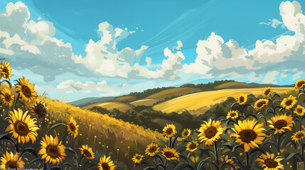 Sunflower field landscape with rolling hills and a blue sky with fluffy white clouds painted style