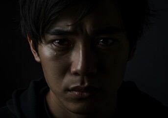 A dramatic portrait of a person with intense expression, dark shadowy tones, cinematic lighting, high emotional depth