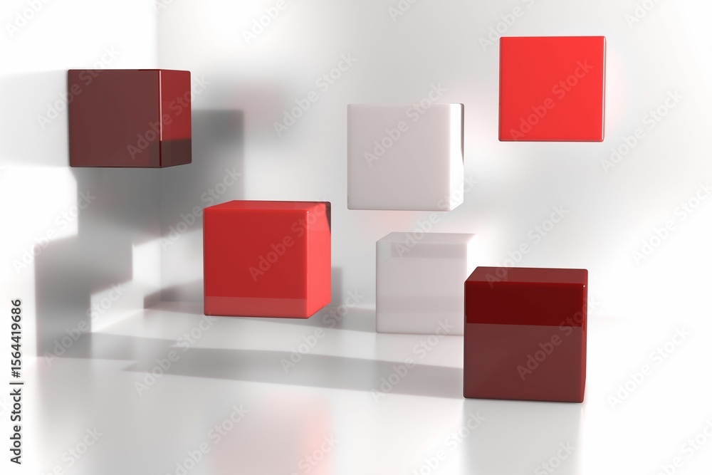 Poster six glossy red, white cubes are floating in minimalist 3d render studio space casting soft shadows