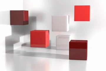 Fototapete Six glossy red, white cubes are floating in minimalist 3D render studio space casting soft shadows © vectorfusionart