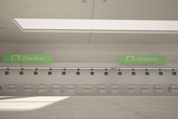 Row of check-in counters is featuring green overhead signs with suitcase icons in flat design