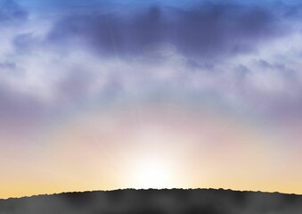Flat illustration showing sunrise casting glow over hill silhouettes with clouds and rays