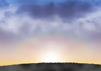 Vitrage gordijnen Flat illustration showing sunrise casting glow over hill silhouettes with clouds and rays © vectorfusionart