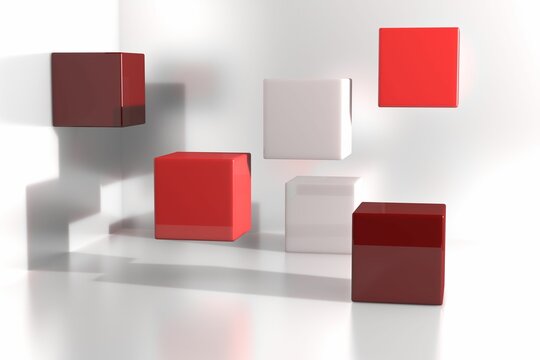 Six glossy red, white cubes are floating in minimalist 3D render studio space casting soft shadows