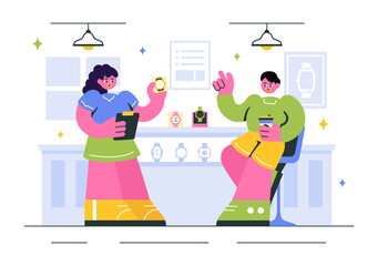 Watches Store Vector Illustration with of Stylish Wristwatch Collection, Featuring Various Analog and Digital Models in a Flat Style Background