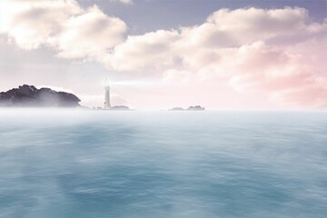 Flat design showing glowing lighthouse standing on rocky islet under pastel clouds over calm ocean