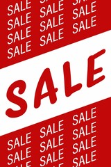 Large red SALE lettering is dominating flat design ad with diagonal stripes and repeating SALE text
