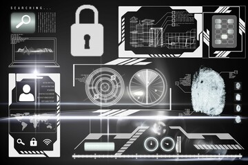 Fingerprint scan is glowing in flat UI design with magnifying glass padlock laptop radar charts