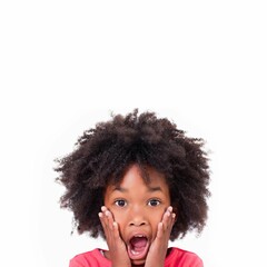 Surprised child is pressing hands against cheeks in white studio, flat design showing red shirt