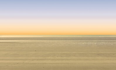 Flat design is showing expansive sandy shore extending toward calm sea under pastel gradient sky