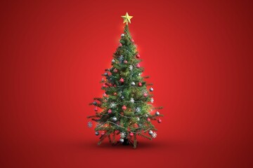 Flat Christmas tree is standing against red backdrop with lights, baubles, tinsel and star topper