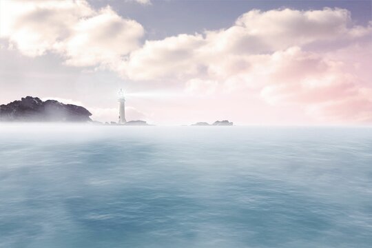 Fototapeta Flat design showing glowing lighthouse standing on rocky islet under pastel clouds over calm ocean