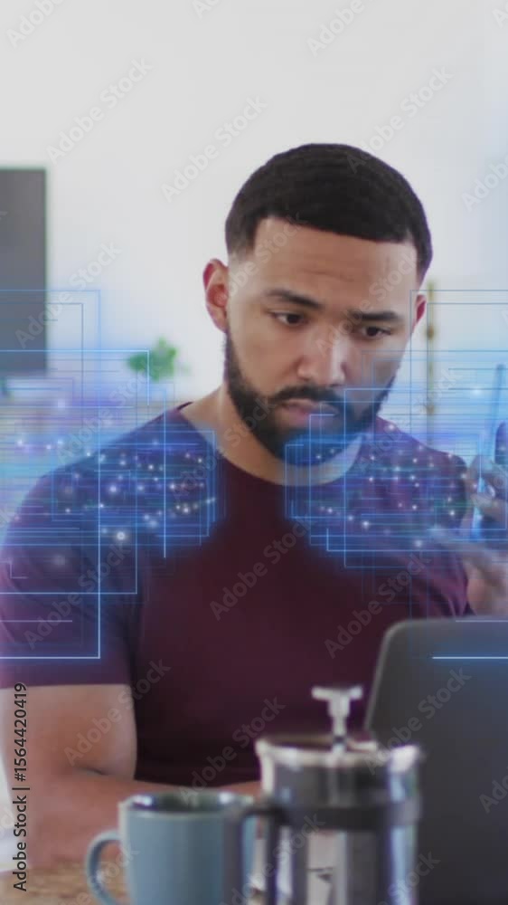 Poster animation of light and data over man using smartphone and laptop