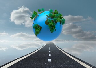 Digitally generated earth floating over street