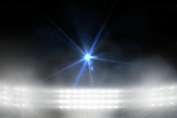 Bright blue-white spotlight is creating lens flare in 3D render with fog, floodlights, copy space