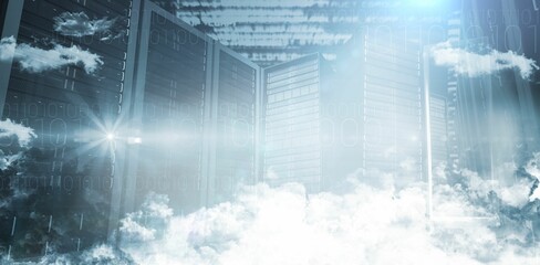 Server racks are standing in flat design scene with semi transparent clouds and binary code overlay