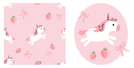 Seamless pattern with unicorn cartoons, strawberry and ribbon bows on pink background. Unicorn, ribbon bows and strawberry icons vector. © Thanawat