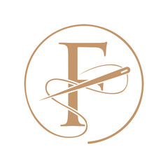 Initial Letter F Tailor Logo, Needle and Thread Logotype for Garment, Embroider, Textile, Fashion, Cloth, Fabric Sign