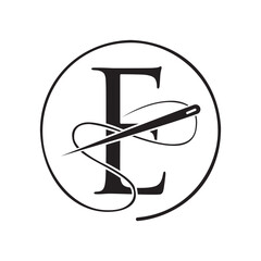 Initial Letter E Tailor Logo, Needle and Thread Logotype for Garment, Embroider, Textile, Fashion, Cloth, Fabric Sign