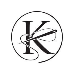 Initial Letter K Tailor Logo, Needle and Thread Logotype for Garment, Embroider, Textile, Fashion, Cloth, Fabric Sign
