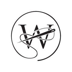 Initial Letter W Tailor Logo, Needle and Thread Logotype for Garment, Embroider, Textile, Fashion, Cloth, Fabric Sign