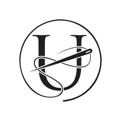 Initial Letter U Tailor Logo, Needle and Thread Logotype for Garment, Embroider, Textile, Fashion, Cloth, Fabric Sign