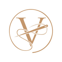 Initial Letter V Tailor Logo, Needle and Thread Logotype for Garment, Embroider, Textile, Fashion, Cloth, Fabric Sign